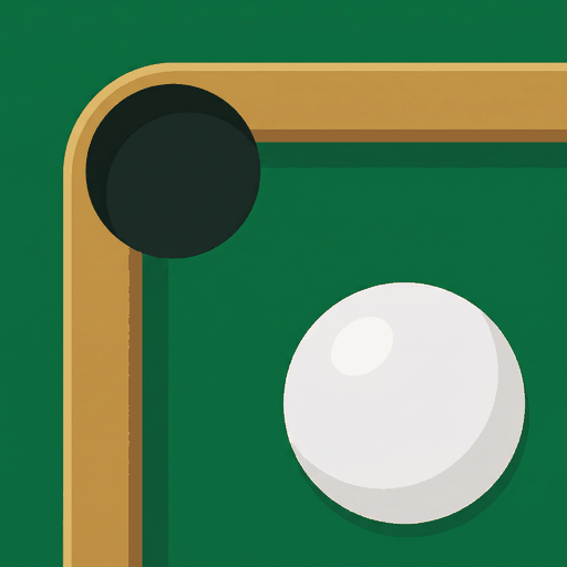 Pool Layout Journal app icon: a cue ball on green felt beside a corner pocket and brass rails.