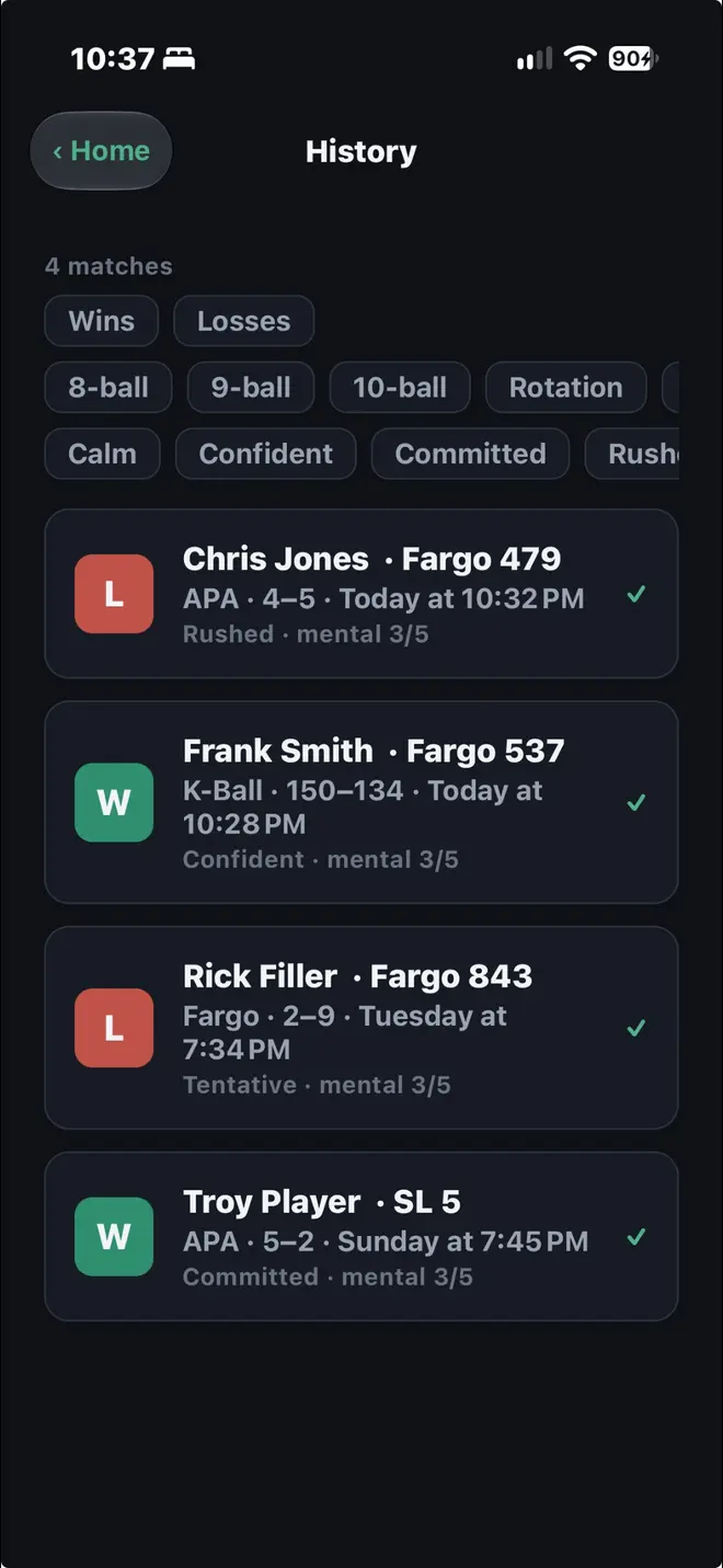Pool Match Journal history screen showing four matches across K-Ball, APA, and Fargo formats, each with a win/loss badge and a mental rating.