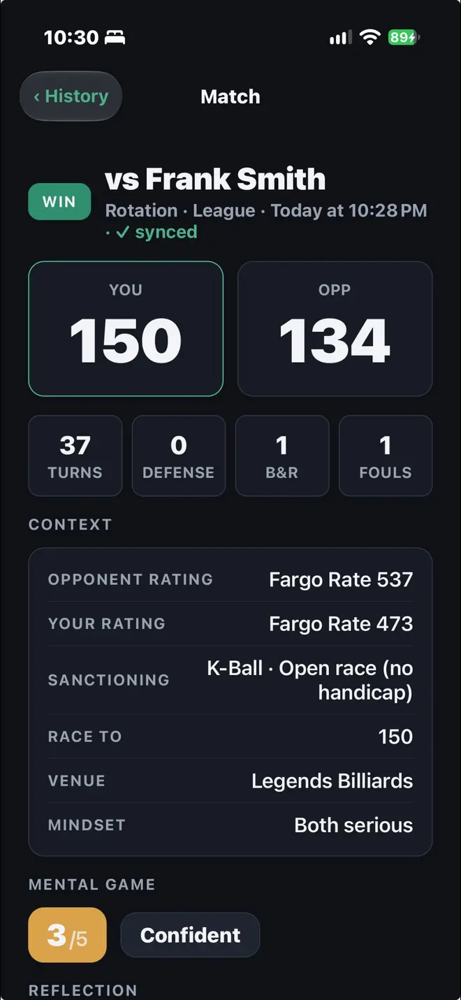 Pool Match Journal match detail for a K-Ball win against Frank Smith, 150 to 134, with Fargo ratings, race target, venue, and mindset tags.