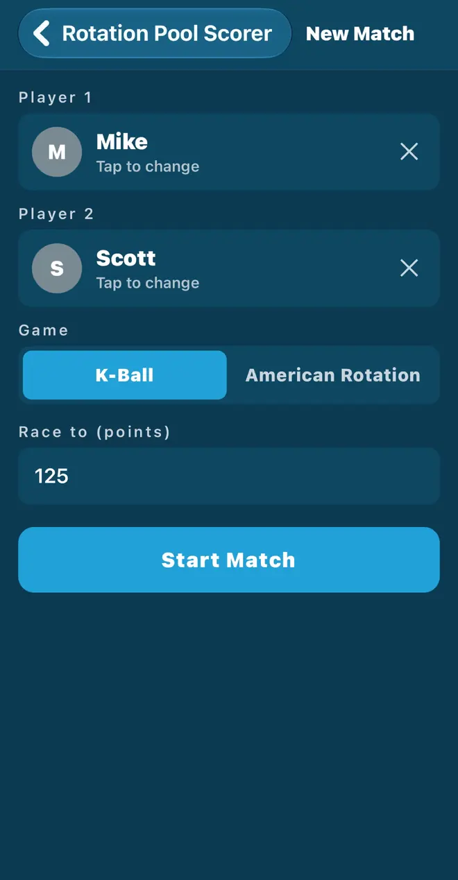 New match setup screen with two players selected, K-Ball chosen over American Rotation, and a race target of 125 points.