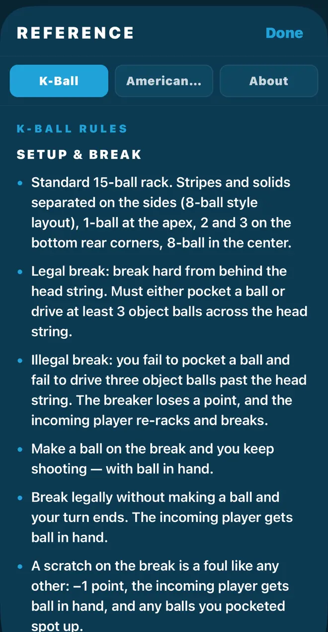 Reference screen showing K-Ball setup and break rules with tabs for K-Ball, American Rotation, and About.